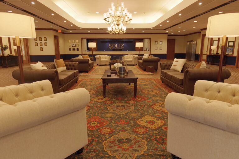 Lobby of Soliz Law Firm's Houston office, featuring a modern reception area for catastrophic injury and wrongful death clients