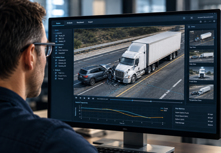Accident reconstruction specialist analyzing a 3D simulation of a commercial truck and car collision on a computer.