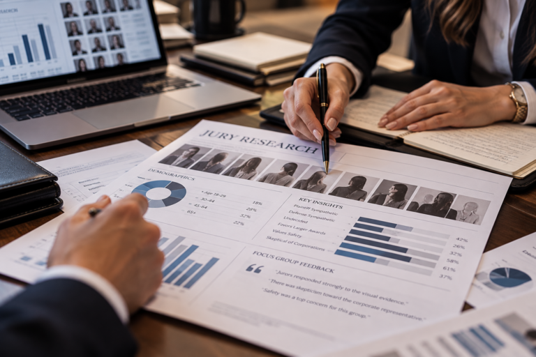 Legal professionals reviewing jury research reports, juror profiles, and demographic analysis charts.