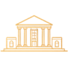 Gold line-art illustration of a courthouse representing Harris County recognition for leadership and commitment to justice.